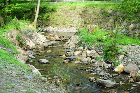 Mai 2017: Freie Bachpassage in der neuen Bachschleife mit natürlicher Bachsohle für Forelle, Mühlkoppe und Bachneunauge.